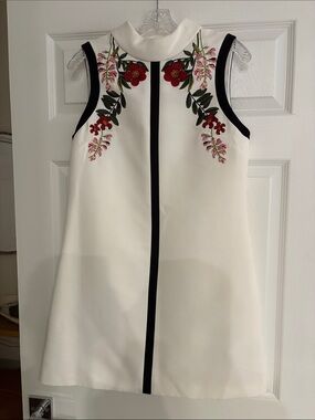 Ted Baker White Mini Dress with Red Floral Embroidery and Black Trim